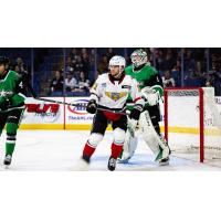 Ontario Reign's Samuel Fagemo and Texas Stars' Rémi Poirier on the ice