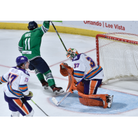 Florida Everblades' Isaac Nurse and Orlando Solar Bears' Wyatt Wilson and Alexis Gravel in action