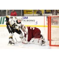 Peterborough Petes goaltender Easton Rye makes a stop vs. the Kingston Frontenacs