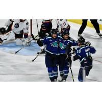 Worcester Railers celebrate in IceCats jerseys