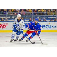 Brampton Steelheads' Angus MacDonell and Kitchener Rangers' Jack Pridham on game night